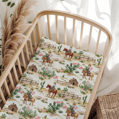 Wicbfdfv Vintage Western Cowgirl Cactus Boho Floral Fitted Baby Crib Sheet for Boys