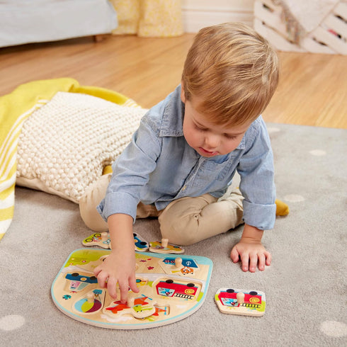 B. toys Vehicles On The Go! Wooden Peg Puzzle, Educational Puzzle for Toddlers, 7 Chunky Pieces
