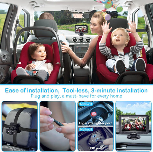Rohent 5-Inch 1080P, Baby Car Camera - HD Night Vision, Easy Install, Rear & Forward-Facing Seat Camera, USB Powered