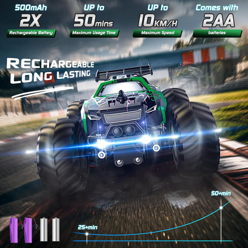 8-12, 1:20, 10KM/H, 2.4GHZ, 6+(Green) Remote Control Car, All-Terrain Remote Control Truck for Boys Headlight, Dual