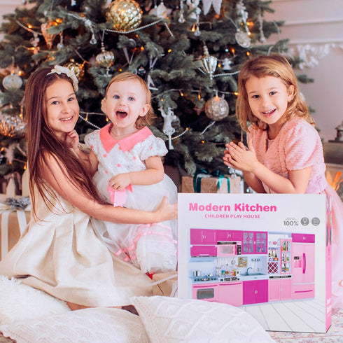 Mastom Playset 56PCS 3 4 5 6 Kitchen for Girls, Play Kitchen Toys for Dolls with Realistic Lights & Sounds, Kids