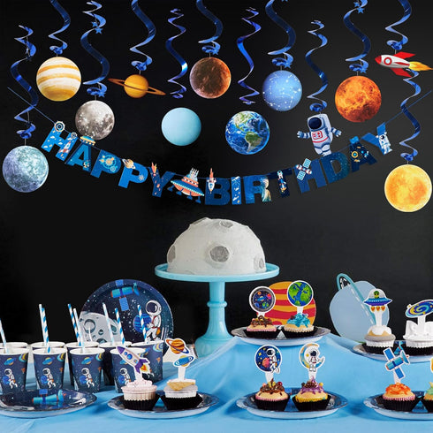 SUNBEAUTY Solar System Hanging Decoration, Happy Birthday Banner for Kids Birthday Party Supplies