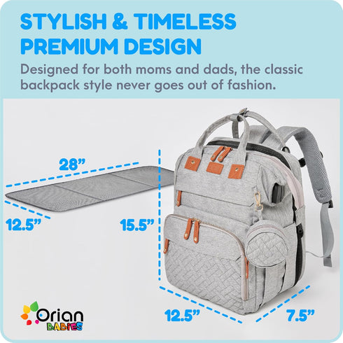 Backpack, 3 Orian Diaper Bag Diaper Bag with Baby Changing Station, Large Travel Diaper Bag, Mosquito Net, USB Charging