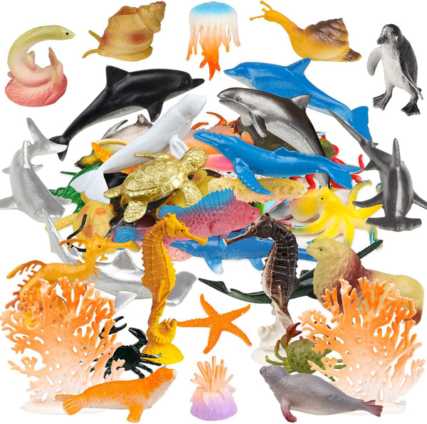 50 Pack Assorted Mini Vinyl Plastic Ocean Sea Animal Figures Toy Set, Realistic Under The Sea Life Figures