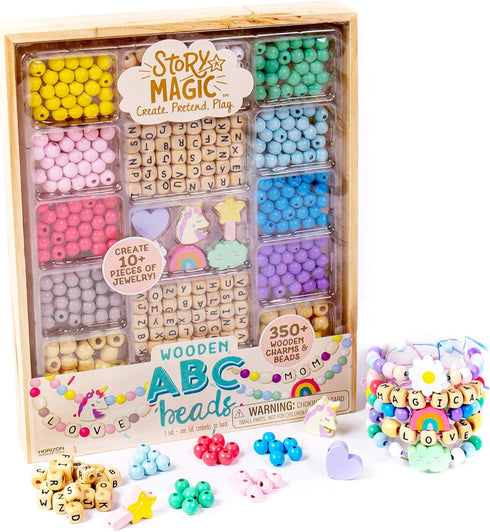 Story Magic Wooden ABC Bead Kit, 350+ Wooden Beads & Charms for Jewelry Making, Great for Kids Arts & Crafts