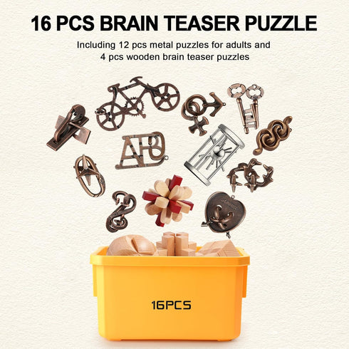 Brain Teaser Puzzles for Adults - 16pcs Disentanglement Metal Wooden Logic Puzzle Gift for Teens
