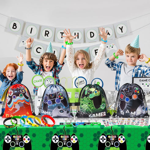 Winrayk 12 Set Video Game Party Favors - Gaming Drawstring Bag, Silicone Bracelet, Glow In The Dark Tattoo