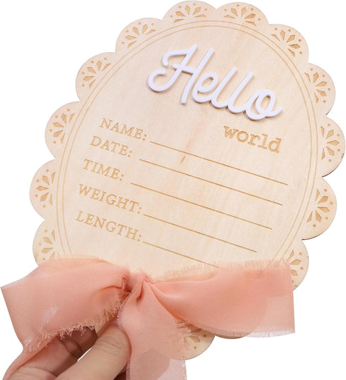 YOUAME Girls Hello World Wood Sign - Newborn Birth Announcement Plaque, Scallop Edge Wooden Sign Disc, Hospital Name