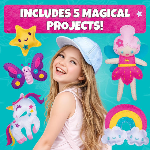 CRAFTSBEE 7+ 5 Cozy Magical Unicorn Sewing Kit for Girls - Create Adorable Felt Animals & a Pillow - Fun, Easy