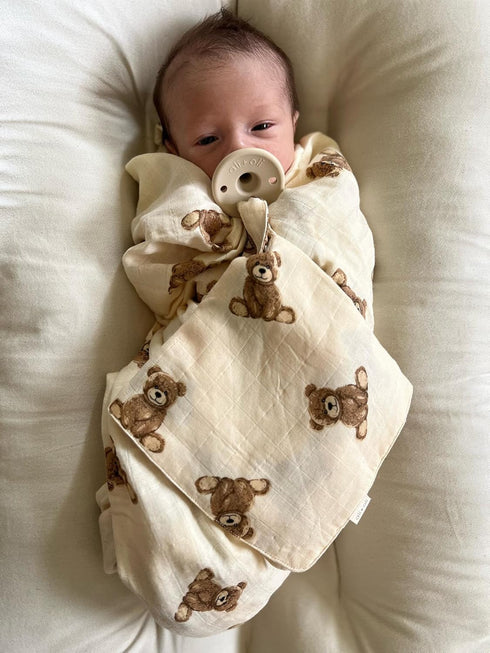15"x15" Ali+Oli Security Blanket for Baby Teddy Bear Pacifier Holder, Soft Muslin Cuddle Blanket with Lead-Free Snap
