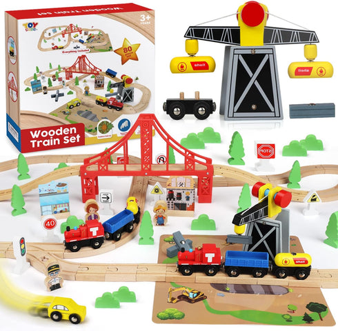 TOY Life 80pcs Wooden Train Set - Fits Thomas Brio Melisa Chugginton, Toddler Boy Toy Train Set, 3+