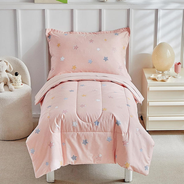 DuShow Cotton Toddler Bedding Set for Girls,4 Piece Toddler Bed Sets,Pink Star