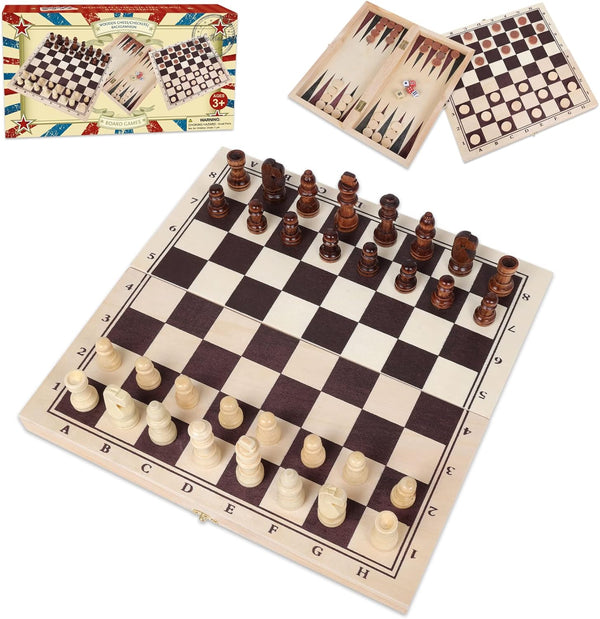 3 in 1 Board Game Set - Wooden Chess, Checker, and Backgammon, Classic Travel Toy Gift for Kids and Adults