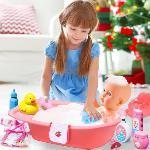 30PCS Set Set, 3 4 5 6 PROOU Baby Doll Care Toys, Baby Dolls Bath & Doctor Kit, Pretend Play Baby Doll Incl Bathtub