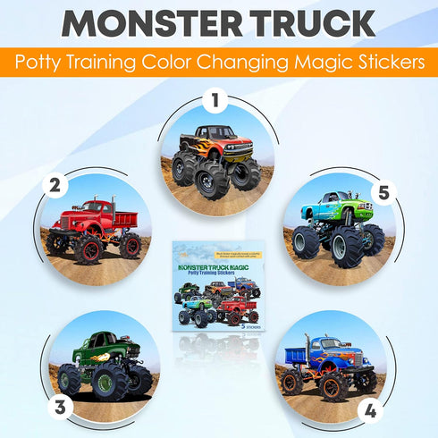 Potty Training Seat Magic Sticker, Monster Truck Color Changing Sticker, 5 Pack Toilet Targets with FREE Potty eBook