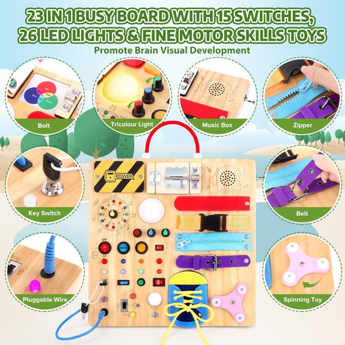 23-in-1 1-3, Montessori Busy Board with LED Lights Educational Wooden Activity Toy for Toddlers Ages Travel Sensory