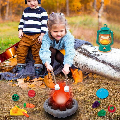 Set, MITCIEN Camping Toys Play Pretend Campfire, Play Food for Kids with Oil Lantern, Pretend Fruits Vegetables