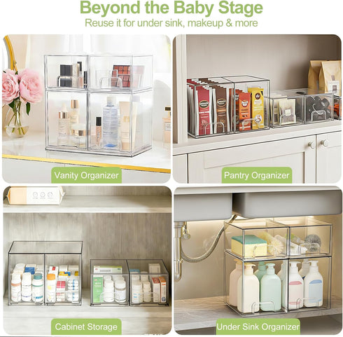 Countertop, 4 Pack Baby Bottle Storage Organizer: Clear Stackable Storage Drawers, Acrylic Bottles Station Organizer