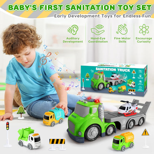 1, 2, 3, 4 Set, IJIGU Truck Toys for Toddler Year Old Boy, City Sanitation Transport Trucks Toy Ideal Christmas