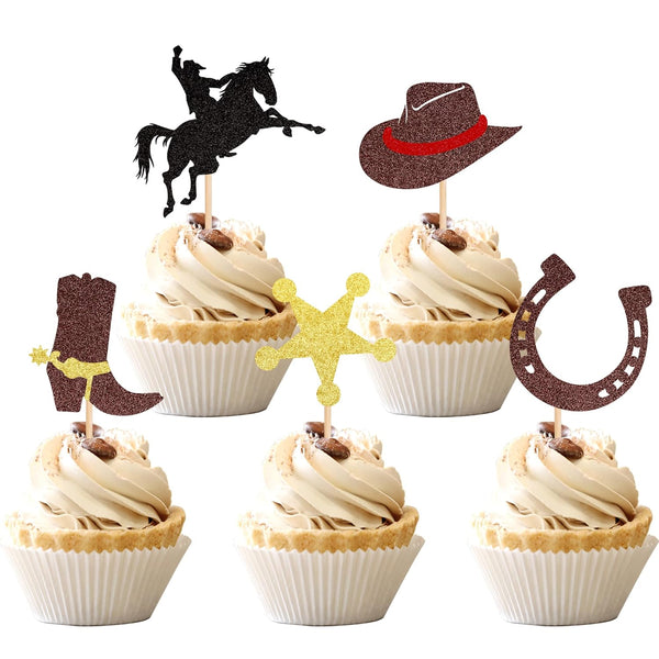 30 PCS Cowboy Cupcake Toppers, Glitter HorseShoe Cowboy Hats & Boots Picks for Western Theme Baby Shower Party