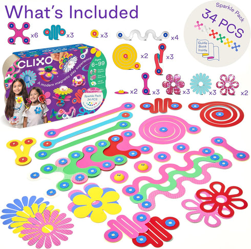 Pack 34-Piece Set 6+ Clixo Sparkle Magnetic Building with Holographic Patterns | Create Necklaces, Bracelets