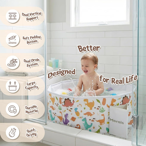 MORAIS 12 Toddler Bathtub Collapsible & Portable, Foldable Baby Bath Tub for Shower & Travel, Dual Drain Plug