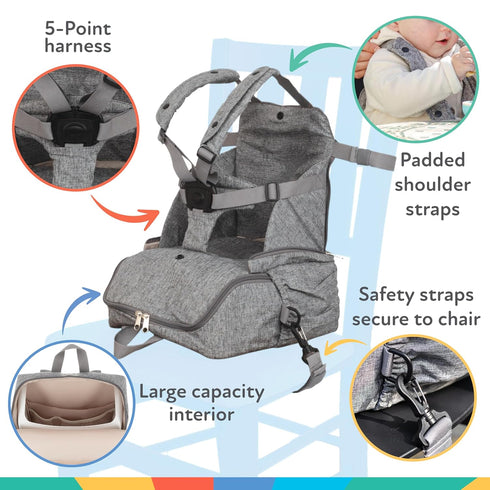 2-in-1 Backpack 5-Point 55 lbs 9+ Nuby Easy Go Booster Seat with Safety Harness - Portable Travel Highchair - Holds Up