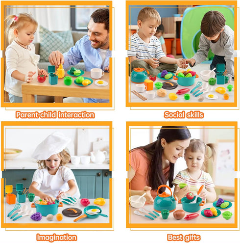 56Pcs Playset 2 Sets, Mini Play Kitchen Accessories for Kids, Pretend Cooking with Cookware, Tableware & Fruit Learning