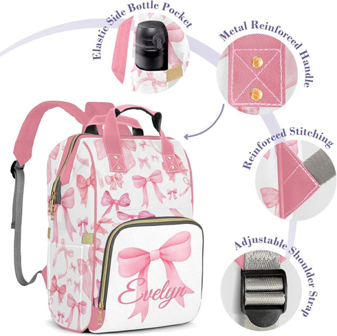 Perarts Backpack Pink Bow Personalized Diaper Bag for Baby Boy with Name, Custom Nappy Nursing Bag for Moms Dads