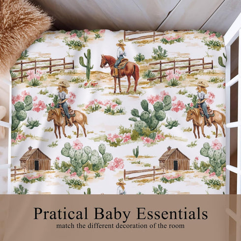 Wicbfdfv 28x52 Inch Vintage Western Cowgirl Cactus Boho Floral Fitted Baby Crib Sheet for Boys Girls Breathable Retro