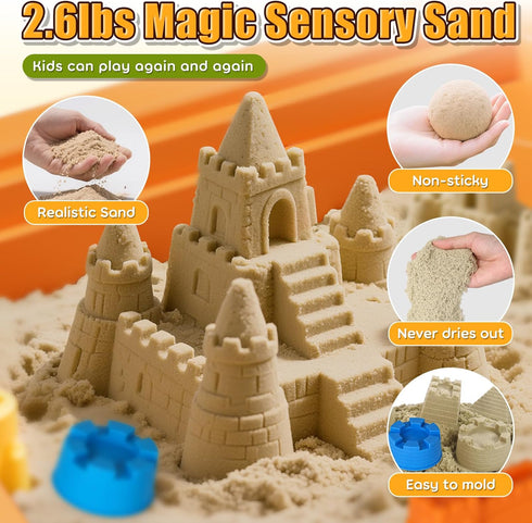 2.6lbs 6 Lehoo Castle Sensory Table with Sensory Sand, Indoor Sensory Bin with Lid & Play Sand, Construction Kit