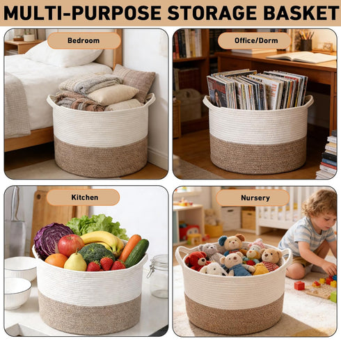 65L Large Woven Cotton Rope Blanket Basket with Handles, Laundry Hamper Storage Bin for Pillows, Clothes, Bedroom