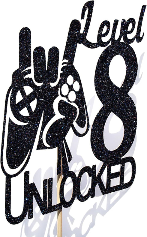 Video Game Level 8 Unlocked Birthday Cake Topper, Black Glitter Boys 8th Birthday Cake Decorations