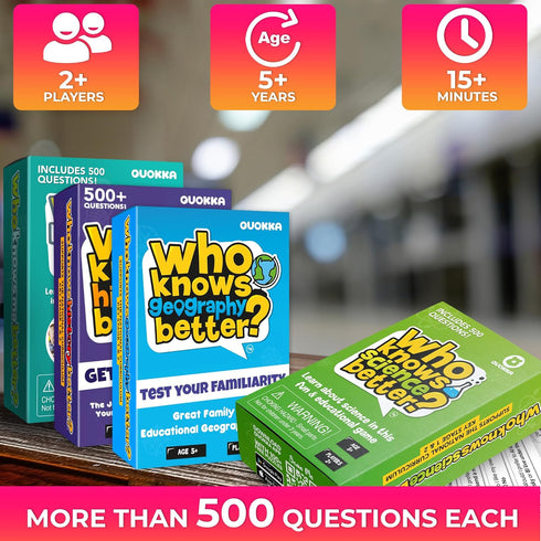QUOKKA Set 4 in 1 Who Knows Better? - Fun Educational Trivia Card Game for Kids and Families