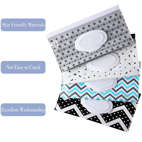 FEBSNOW 4 Pack Baby Wipe Dispenser, Portable Refillable Holder, Reusable Travel Wet Wipe Pouch (Geometric)