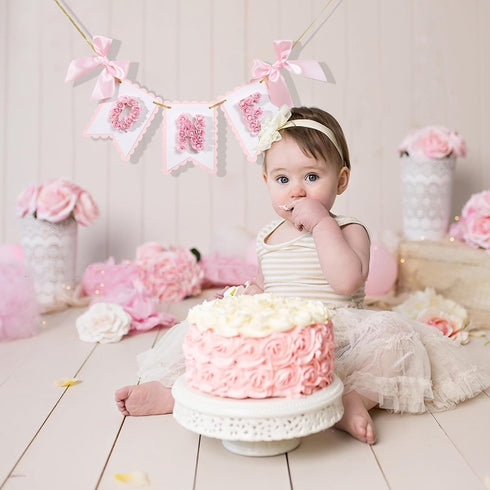 LINLULU 1st 1st Flower Birthday High Chair Banner - Pink and Gold One Birthday Banner, Princess Bday Decoration, Rose