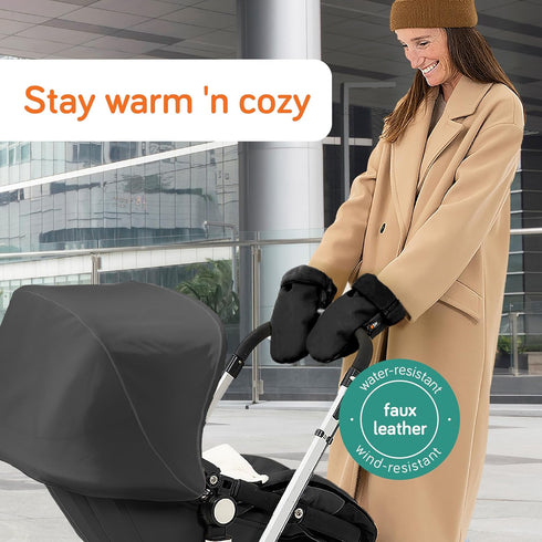 Baby Uma Stroller Gloves Hand Muff - Supersoft Fleece-Lined Faux-Leather Stroller Mittens, Water-Resistant & Universal