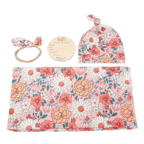 Set Cozy 3) Vibrant Floral Print Newborn Swaddle Blanket with Hat and Headband, and Breathable, for Boys and Girls