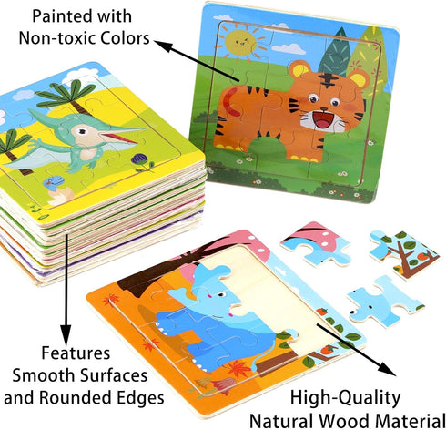 12 Pack Mini Wooden Animal Jigsaw Puzzles for Kids Ages 2-3, 9 Pieces Educational Travel Toys Gift