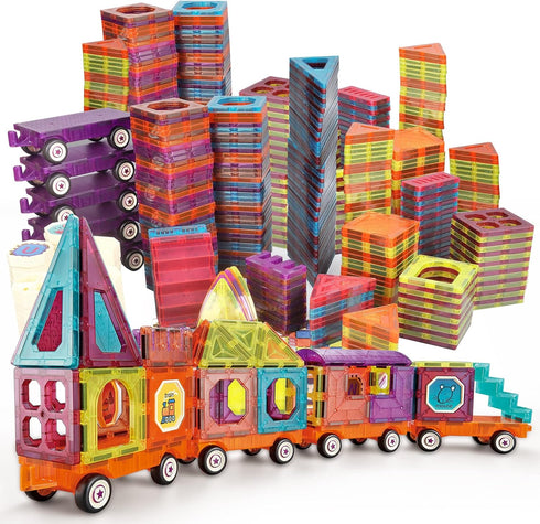 Magnetic Tiles Building Blocks with 4 Cars Magnet Train Set - STEM Toy for Kids, Educational Creativity