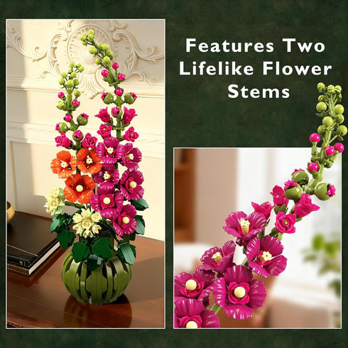 Set 974PCS CUBIMANA Flowers Botanicals Alcea Rosea Building for Adults - Artificial Bonsai Plant for Home Office Dcor
