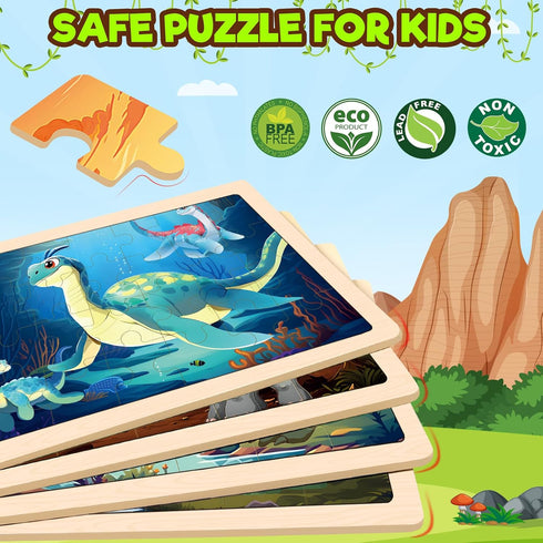 4 Packs Puzzles for Kids Ages 4-6 - Wooden Dinosaur Puzzles for Toddlers Ages 2-4, Educational Dino Toys