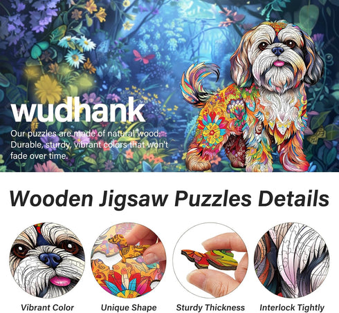 wudhank (M-10.6 11.4in-190pcs) Wooden Puzzles for Adult, Shih Tzu Dog Wooden Jigsaw Puzzle, Unique Wood Shape Cut