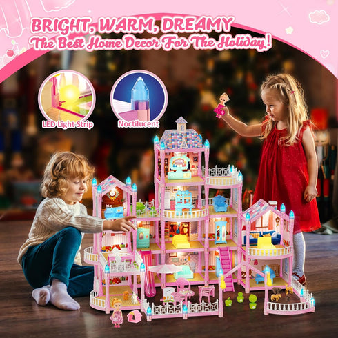 randhar 4-Story 15 2 3 4 5 6 7 8 9 10+ Doll House for Girls, Dream Dollhouse Rooms with Dolls, Lights, Animals