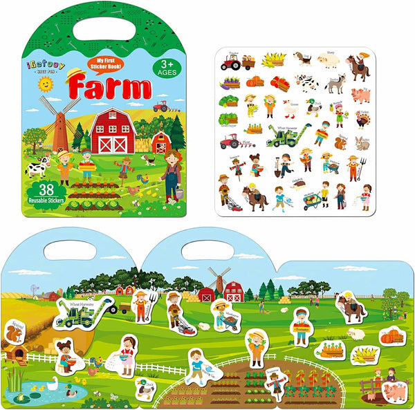 Reusable Sticker Books for Toddlers - Farm Stickers for Kids, Travel Essentials Toy for Ages 1-3