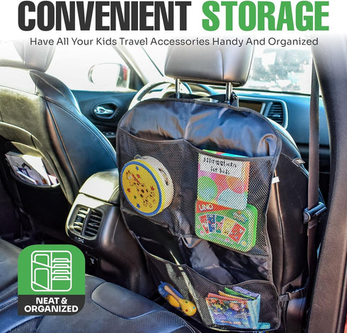 4 2 Pack lebogner Back Seat Cover for Kids + Pocket Storage Organizer, X-Large Waterproof Kick Mats Backseat Protector