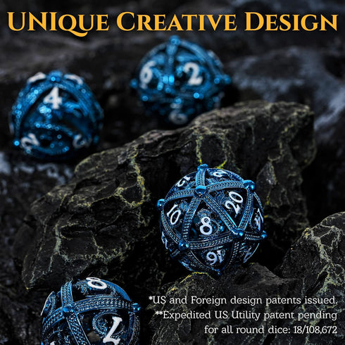 Unique Round Hollow Orb Metal DND Dice Set for Role Playing Games (RPG) - Stunning Blue Dragon Dice