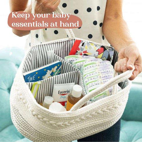 Luxury Little White Diaper Caddy Organizer, Large Cotton Rope Nursery Basket, Portable Car Organizer with Divider