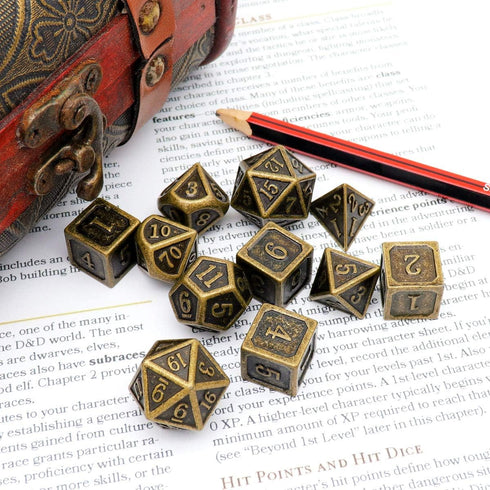 Haxtec 11 Pieces Metal DND Dice Set, Antique Bronze D&D Extra D6 D20 Compatible with TTRPG Games