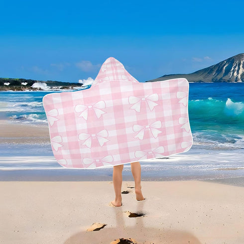 Takiito Bows on Pink Gingham Hooded Baby Towel for Newborn Infant, Soft & Absorbent Bath Towel Essentials, Machine